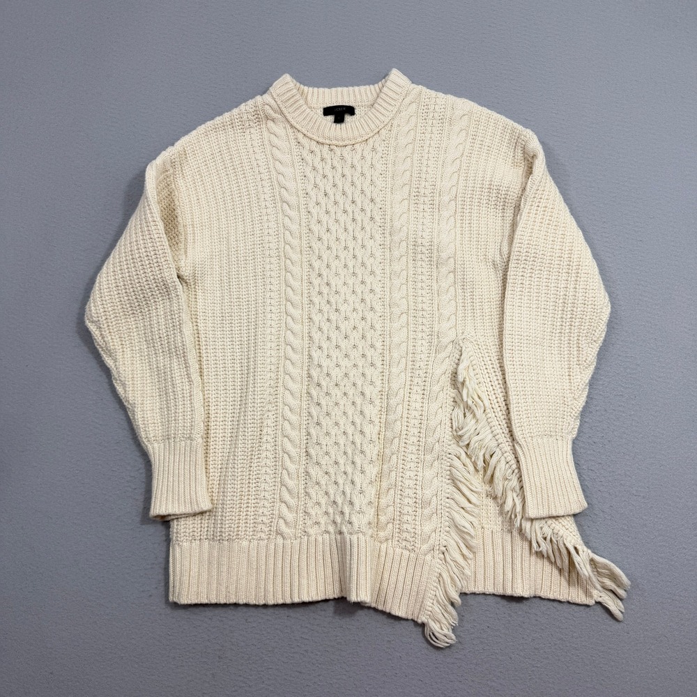 J.Crew Sweater Womens Medium Ivory Cable Knit Fringe Pullover H3677 Merino Wool